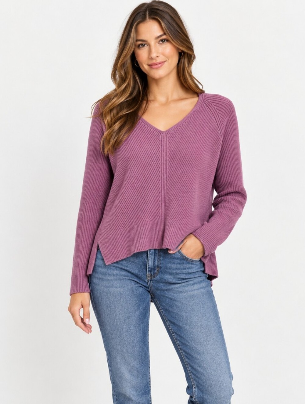 Abercrombie & Fitch mauve ribbed V-neck pullover sweater-M